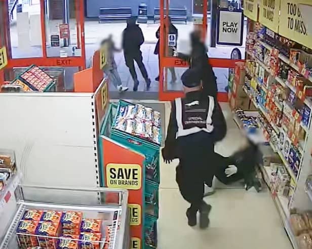 This is the shocking moment a prolific shoplifter barged over two elderly woman after stealing frozen lamb from Iceland.  