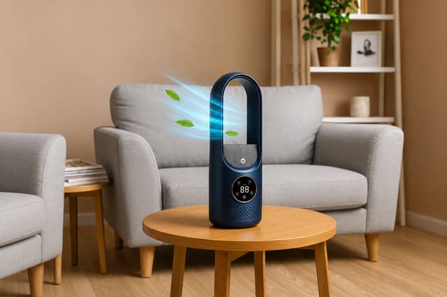 The compact USB air cooler combines desktop cooling with a built-in humidifier and LED controls
