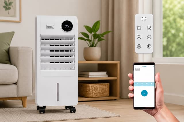 The Black and Decker smart digital air cooler combines app control with portable evaporative cooling for home use