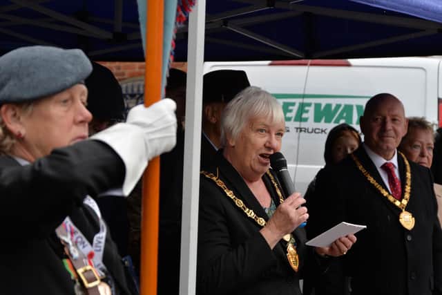 Chairman Barbara Johnson of Harborough District Council launches this year's Royal British Legion Poppy Appeal on the Square in Market Harborough.