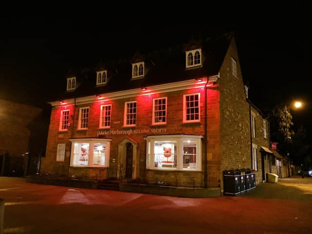 The Market Harborough Building Society is being lit up red after dark in support of this years Poppy Appeal.