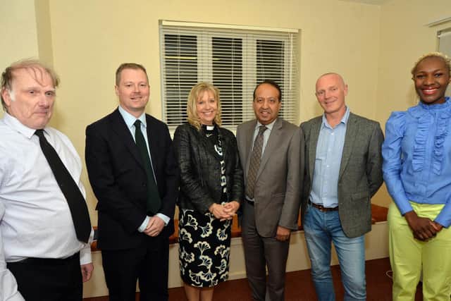 Centre, Rev Bryony Wood with from left, Robin Lambert Independent, Neil O'Brien Conservative, Zuffar Haq Liberal Democrats, Darren Woodiwiss Green and Celia Hibbert Labour before the hustings at the methodist church.
PICTURE: ANDREW CARPENTER