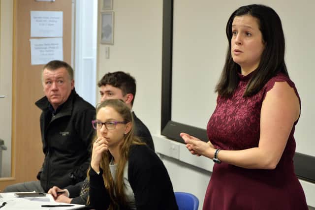 Katie Stainsby Associate Director of Chamonix Estates during the meeting with Farndon Fields, Farndon Road residents at Robert Smyth Academy.