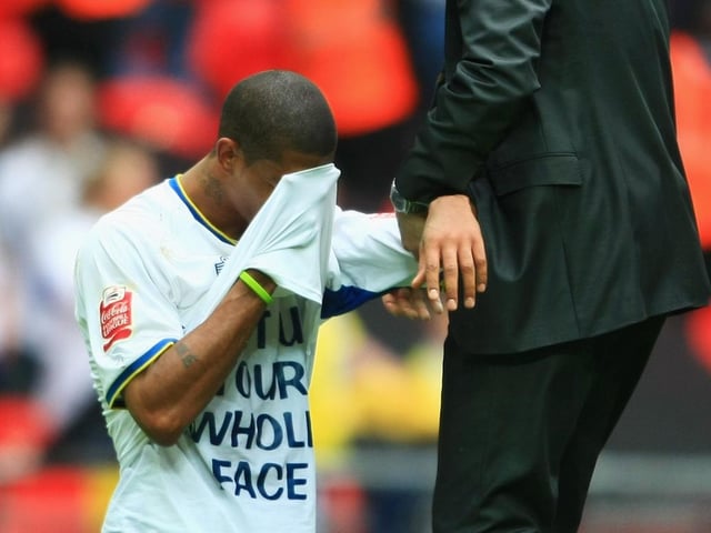 Leeds United manager Gary McAllister consoles a devastated Jermaine Beckford following the Coca Cola League 1 play-off final against Doncaster Rovers at Wembley in May 2008.