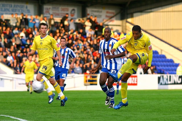 Jermaine Beckford scores his second goal during the Carling Cup first round clash against Chester City at the Deva Stadium in August 2008.