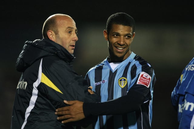 Jermaine Beckford is congratulated by manager Gary McAllister after scoring his second goal during the FA Cup first round replay against Northampton Town at Sixfields Stadium in November 2008.