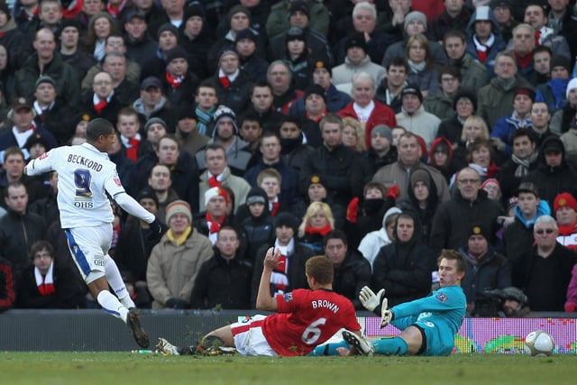 Manchester United goalkeeper Tomasz Kuszczak and defender Wes Brown are unable to stop Jermaine Beckford scoring the opening goal during the FA Cup third round clash at Old Trafford in January 2010.