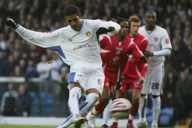 Jermaine Beckford scores from the penalty spot during the Coca-Cola Division One clash against Swindon Town at Elland Road in November 2007.