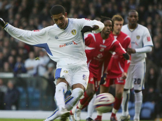 Jermaine Beckford scores from the penalty spot during the Coca-Cola Division One clash against Swindon Town at Elland Road in November 2007.