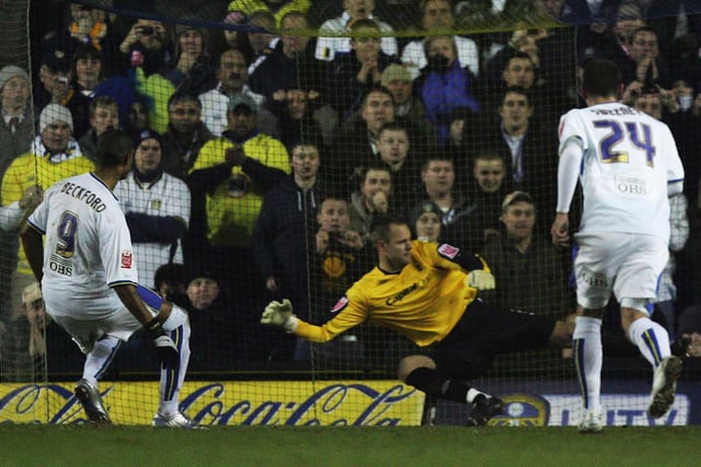 Jermaine Beckford scores from the penalty spot during the League One clash against Nottingham Forest at Elland Road in February 2008.