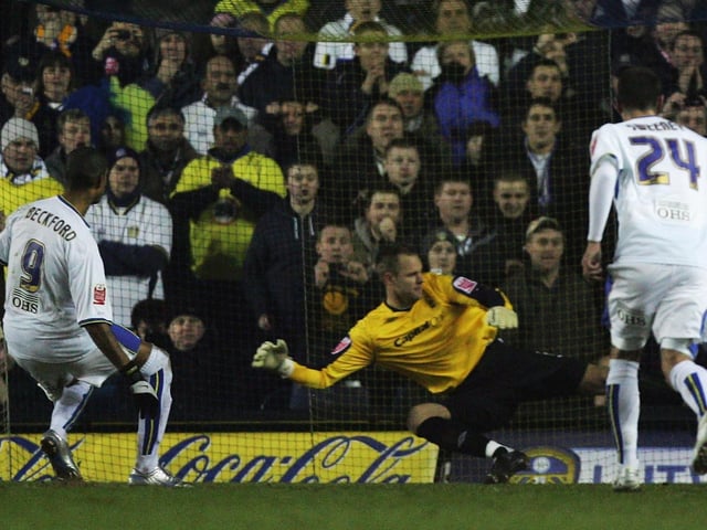 Jermaine Beckford scores from the penalty spot during the League One clash against Nottingham Forest at Elland Road in February 2008.
