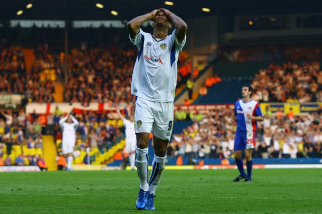 Jermaine Beckford rues a missed chance during the League 1 play-off semi-final, first leg clash against Carlisle United at Elland Road in May 2008.