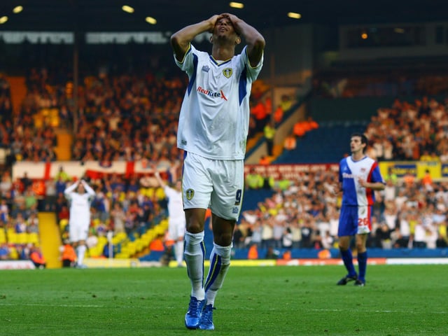 Jermaine Beckford rues a missed chance during the League 1 play-off semi-final, first leg clash against Carlisle United at Elland Road in May 2008.