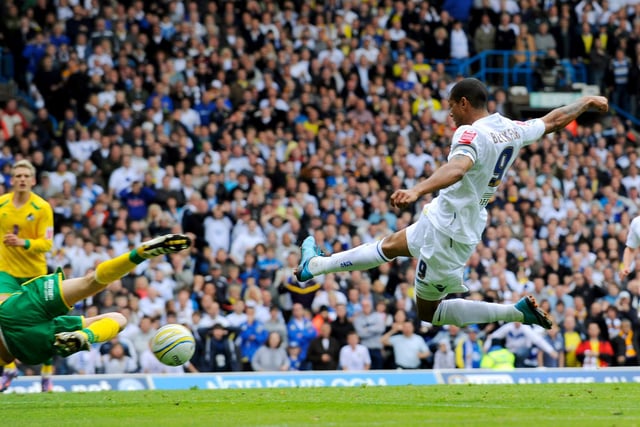 Jermaine Beckford scores to make it 2-1 during the League One clash against Bristol Rovers at Elland Road in May 2010.