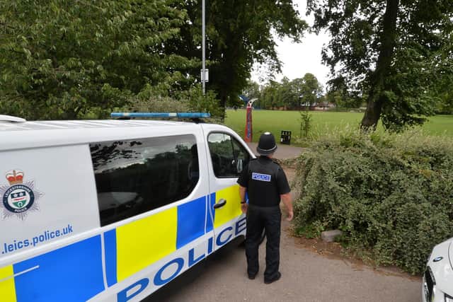 Police at Little Bowden Recreation Ground yesterday (Sunday). Photo by Andrew Carpenter.