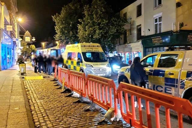 A man of 26 is being treated in hospital for head injuries after he was seriously assaulted when trouble blew up in Market Harborough on Saturday night.