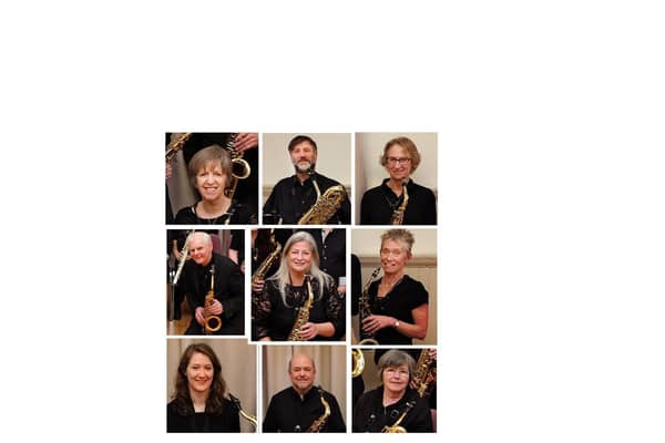 The nine members of the Phoenix Saxophone Orchestra performing are, left to right:top rowAnn Churcher (soprano sax), Jonathan Shaw and Anne Hanson (alto sax);middle rowStephen Bashforth, Jane Smith and Kathy Davison (alto sax);bottom rowKathryn Leeming and David Fiander (tenor sax) and Liz Pearce (baritone sax).