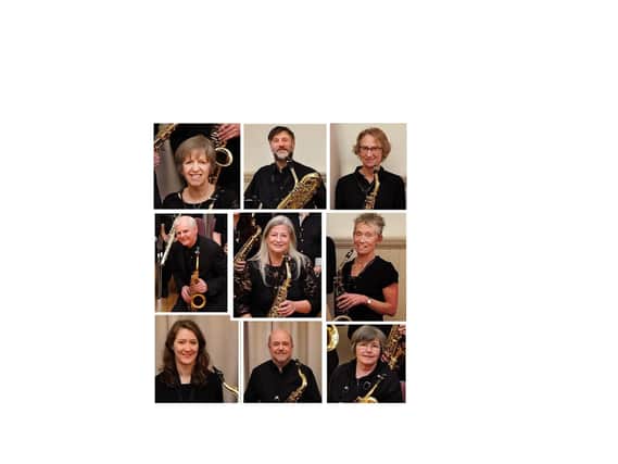 The nine members of the Phoenix Saxophone Orchestra performing are, left to right:top rowAnn Churcher (soprano sax), Jonathan Shaw and Anne Hanson (alto sax);middle rowStephen Bashforth, Jane Smith and Kathy Davison (alto sax);bottom rowKathryn Leeming and David Fiander (tenor sax) and Liz Pearce (baritone sax).