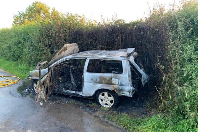 Fire crews from Market Harborough and Kibworth raced to tackle the blazing car on Main Street in Stonton Wyville, near Kibworth Beauchamp, at just before 8pm.