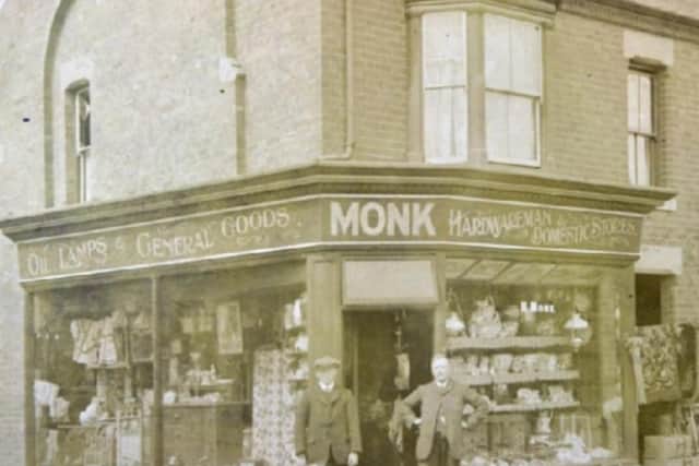 Early days...Horatio Monk (right), founder of the family firm pictured outside the original shop on Goward Street 1912.