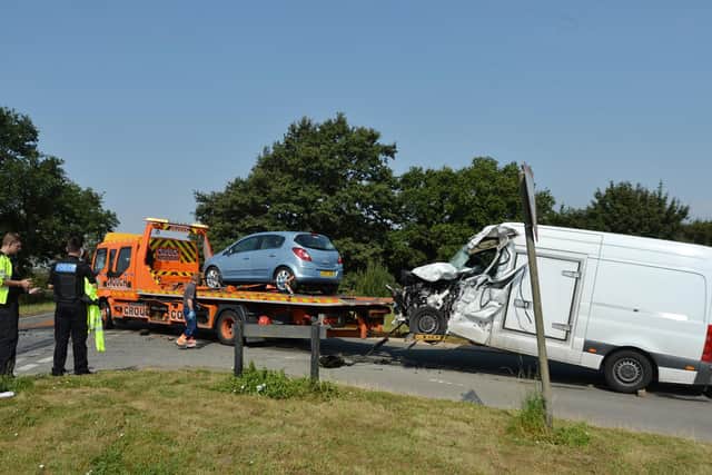 Scene of the collision between a tipper truck and van near the travel plaza outside Desborough towards Market Harborough.
PICTURE: ANDREW CARPENTER