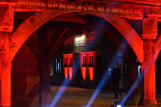 Harborough Theatre and the Old Grammar School were bathed in red light during Tuesday evening for the 'light it red' campaign to help the plight of all the freelance workers in the entertainment industry as part of a nationwide protest and petition.
PICTURE: ANDREW CARPENTER