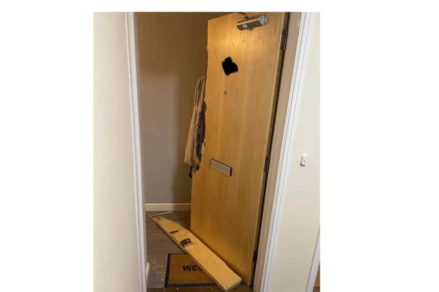 The door was broken on one property during drugs raids in Harborough.