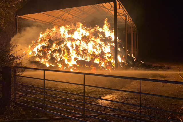 The devastating blaze ripped through the open-sided barn in an outlying field on Langton Hall Farm on West Langton Road, West Langton.