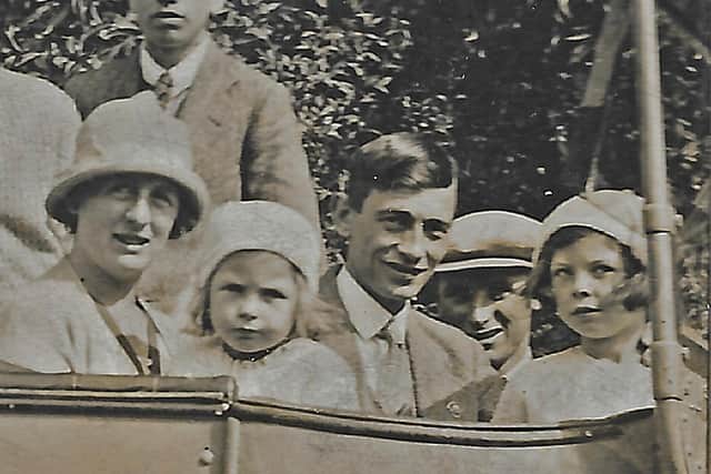 Evelyn (far right) taking a charabanc trip from Weston-Super-Mare to Cheddar Gorge in 1926 with her mother, Elsie, sister Marjorie and father William.