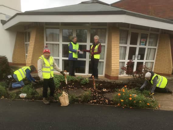 A hardy band of volunteers have braved wind and rain to plant a stunning 4,000 crocus bulbs in Market Harborough.