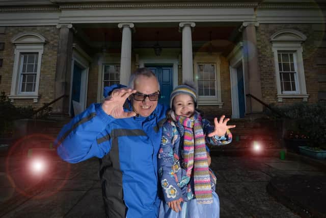 Nigel Susans and grandaughter Sofia Fortnam 6 outside The Congregational Church during the churches halloween superhero light trail.
PICTURE: ANDREW CARPENTER