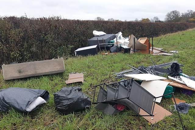 The pile of domestic rubbish and drugs paraphernalia was tipped in countryside in Covert Lane, Scraptoft, on the northern edge of the district.