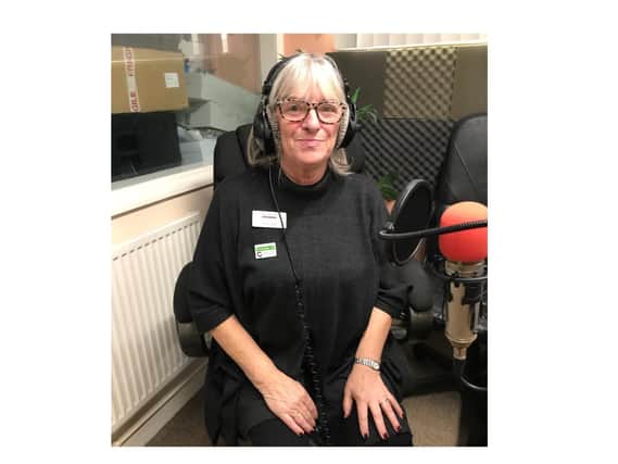 Home Instead Market Harborough’s Community Support Representative, Marion Lewis OBE, recording the ‘Friendship Lunch Hour’ on Harborough FM.