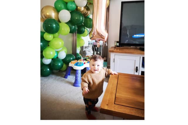 A photo of Frankie Harrison's boy turning one. He was born at 31 weeks in Kettering General Hospital in October 2019 weighing just 3lbs 1oz.