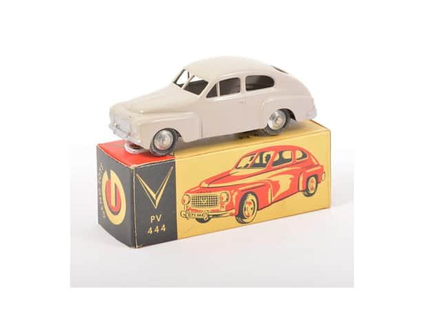 The pale grey matchbox-sized Volvo PV 444 went under the hammer for an amazing £2,200 at Gildings Auctioneers’ Toys, Models and Scale Model Railway sale in the town.