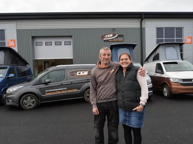 Dan and Rachael Cooper of Custom Camper Solutions at their new site on Airfield Farm in Market Harborough.
PICTURE: Andrew Carpenter
