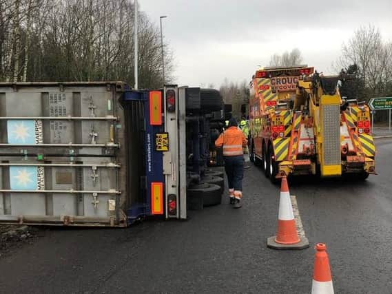 At least one huge lorry – which had overturned and was lying on its side – was involved in the accident on the Sir Frank Whittle roundabout on the A426 off the M1.