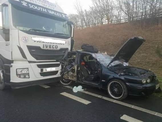 A driver escaped without serious injury after a crash on the A14 near Welford last year Photo: Northamptonshire Fire & Rescue Service.