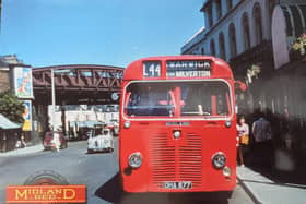 Patrick Kingston took this photo at the old Crown Hotel stop in High Street, Leamington in 1959) and had it printed as part of a postcard by Warwick Print and Copy. The bus is a type S13 (fleet number 3877).