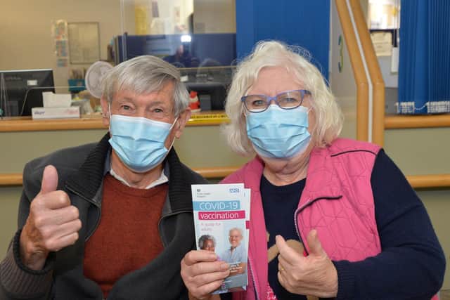 David and Susan Sanderson are the first and second people to have the covid vaccine in Market Harborough.
PICTURE: ANDREW CARPENTER