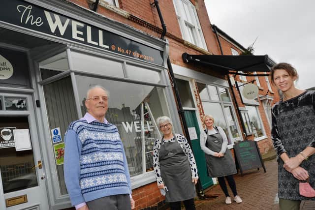 Alan Pyke outside the Well in Kibworth with Christine Pierce volunteer and trustee, Kay Witcombe cafe manager and Emma Dowman centre manager.
PICTURE: ANDREW CARPENTER