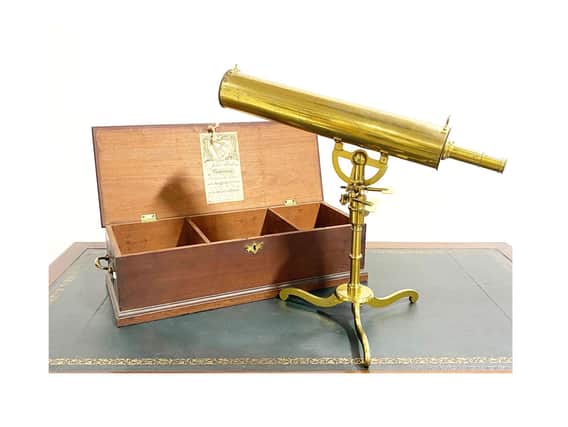 The mid-18th century lacquered brass Gregorian-type telescope in a fitted mahogany case sold for £4,712, inclusive of charges, at Gildings Auctioneers.