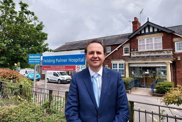 Alberto Costa, MP for South Leicestershire, outside the Feilding Palmer Hospital in Lutterworth.