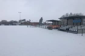 The snowy scene at Lutterworth Town's Dunley Way home after the wintry weather struck the area at the weekend. Picture courtesy of Lutterworth Town FC