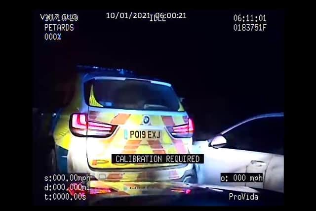 Police have released dramatic video footage of the moment a disqualified driver from near Lutterworth was chased and captured by officers.