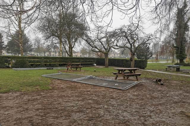 Vandals who left a trail of destruction in a popular Market Harborough park as they flagrantly flouted Covid rules are being hunted by police. Photo courtesy of HFM.