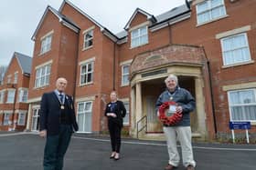 From left, Rev John Morley president, Susanne Stevens general manager and Stewart Harrison chairman outside the Rosewood Manor with the portico included in the project.
PICTURE: ANDREW CARPENTER
