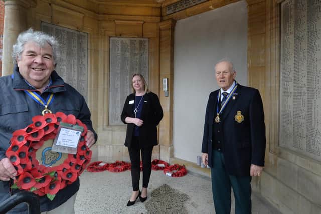 From left, Stewart Harrison chairman, Susanne Stevens general manager and Rev John Morley president outside the Rosewood Manor with the portico included in the project.
PICTURE: ANDREW CARPENTER