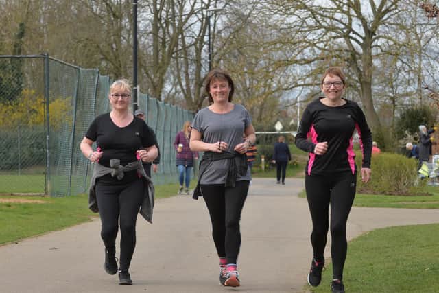 Stepping out...Deb Durno, Annabel Beaty and Katherine Mail join up for a run in Welland Park on the first day where up to six people can meet outside.
PICTURE: ANDREW CARPENTER
