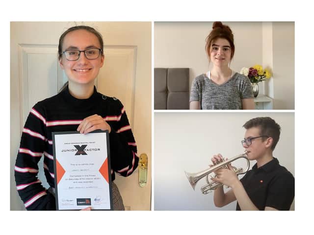 The three category winners Naomi Benson (Best Original Composition), Ione Banks (Best Vocal Performance and Overall Winner) and Ciaran Reiff-Marganiec (Best Instrumental Performance).
